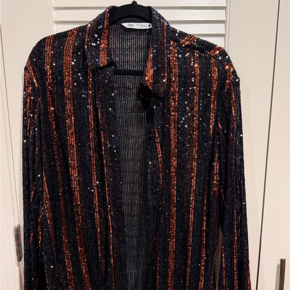 Zara Black and Orange Sequin Button-Up Shirt